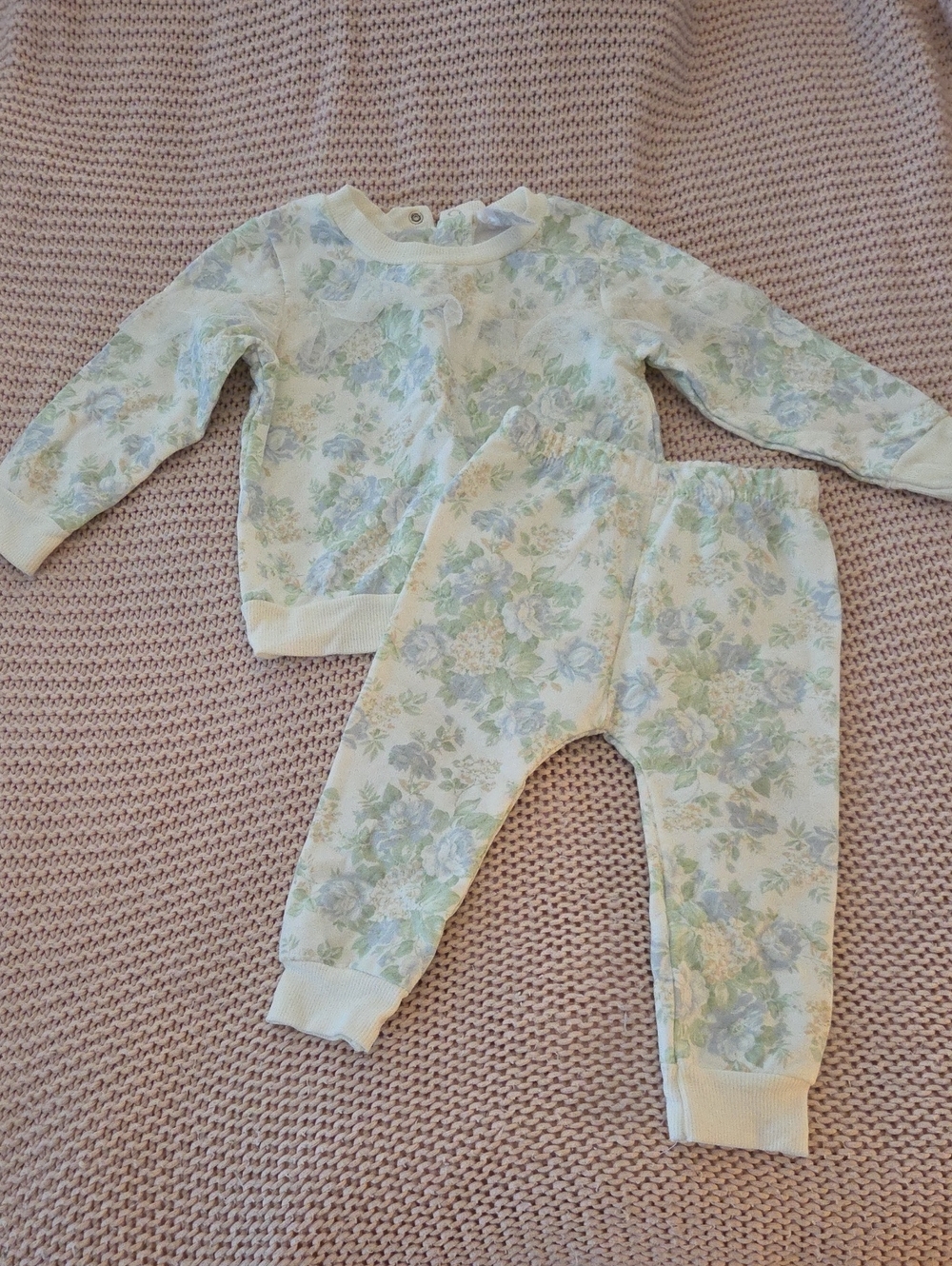 Shabby Chic Floral Kids Pajama Set in Light Blue and Cream